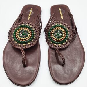 BCBGMAXAZRIA Brown Leather Beaded Medallion Thong Sandals Made in Italy Size 8.5